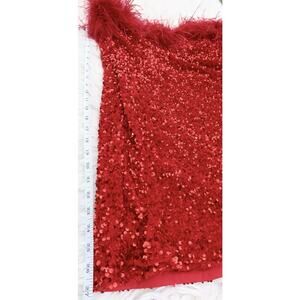 PrettyLittleThing Plus Red Sequin Feather Trim Strapless Mini Dress NWT US 18